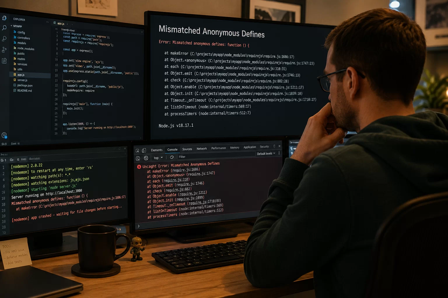 How to Fix a "Mismatched Anonymous Defines" Error in Node.js Backend Modules